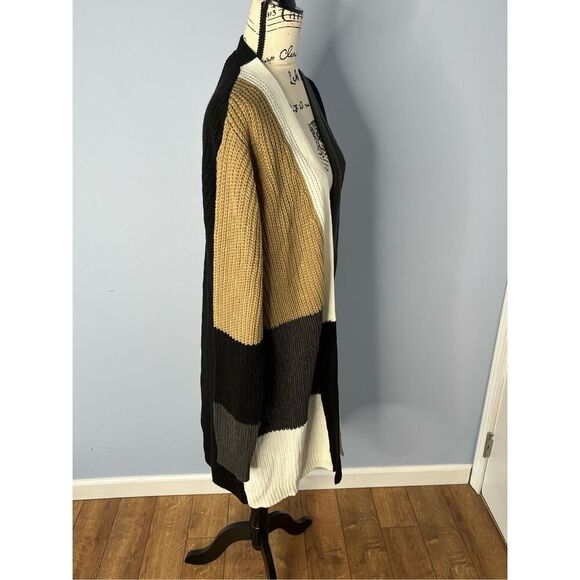 Fortune + Ivy Women's Large Black Brown Colorblocked Cardigan Sweater Open Front - Picture 2 of 7